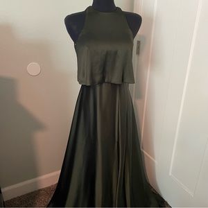 Revelry - Wren Satin Dress in Deep Olive - Petite Maxi